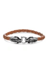 STEVE MADDEN BROWN BRAIDED LEATHER AND OXIDIZED DOUBLE DRAGON HEAD BRACELET,190094572467