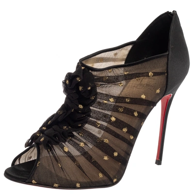Pre-owned Christian Louboutin Black Lace And Satin Ruffled Peep Toe Ankle Boots Size 40.5