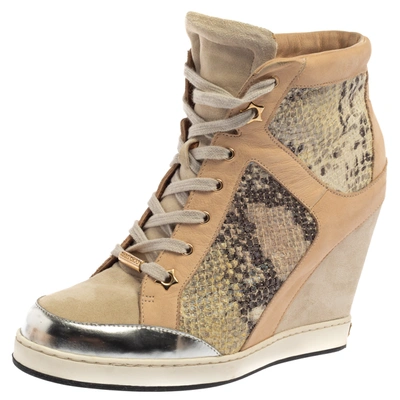 Pre-owned Jimmy Choo Beige/silver Suede Nubuck And Python Embossed Leather Panama Wedge Trainers Size 39.5 In Multicolor