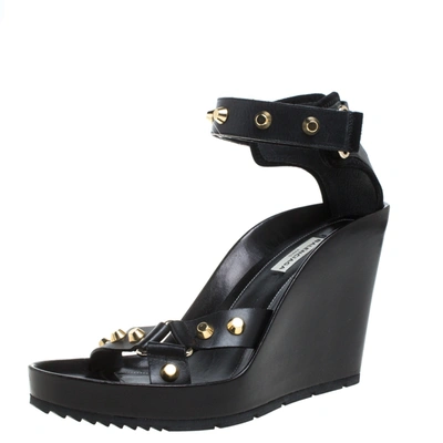 Pre-owned Balenciaga Black Leather Studded Wedge Sandals Size 40