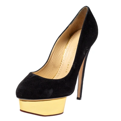 Pre-owned Charlotte Olympia Black Suede Dolly Platform Pumps Size 37