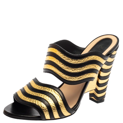 Pre-owned Fendi Black/gold Wave Striped Leather Mule Sandals Size 36
