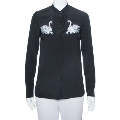 Pre-owned Stella Mccartney Black Swan Embroidered Silk Shirt S