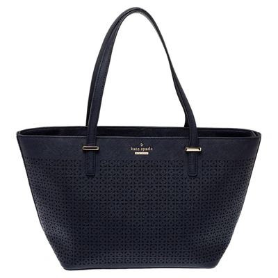 Pre-owned Kate Spade Tory Burch Navy Blue Perforated Leather Mini Cedar Street Harmony Tote