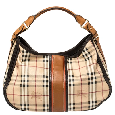 Pre-owned Burberry Beige/brown Haymarket Check Pvc And Leather Hobo
