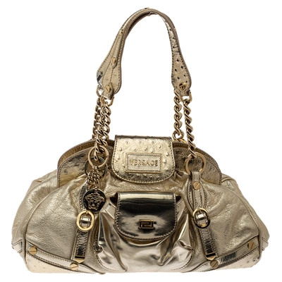 Pre-owned Versace Gold Patent And Ostrich Embossed Leather Chain Link Satchel