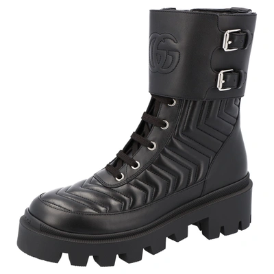 Pre-owned Gucci Black Matelass&eacute; Leather Frances Gg Platform Combat Boots Size Eu 35