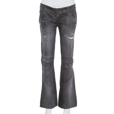 Pre-owned Balmain Black & Metallic Gold Denim Paneled Distressed Bootcut Jeans S