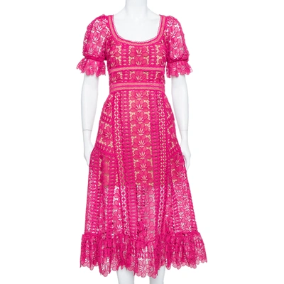 Pre-owned Self-portrait Fuchsia Pink Guipure Lace Ruffle Detail Midi Dress S