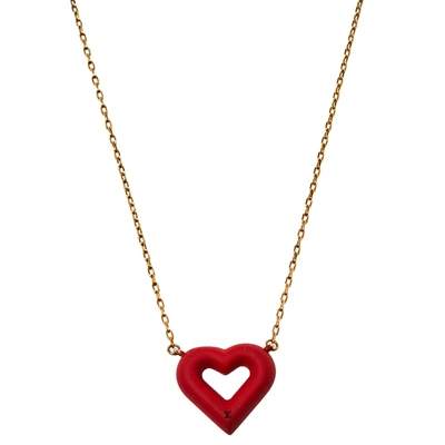 Pre-owned Louis Vuitton Lv & V Red Heart Charm Gold Tone Necklace