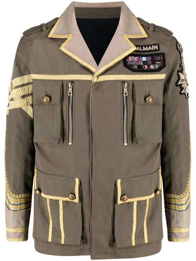 Balmain Embroidered Military Jacket In Grün
