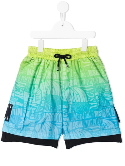 Msgm Kids' Logo-print Gradient-effect Shorts In Green