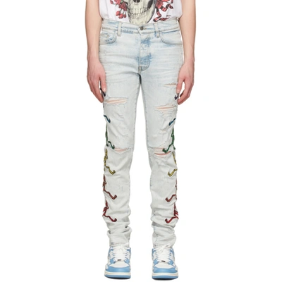 Amiri Grateful Dead Dancing Skeleton Embroidered Ripped Skinny Jeans In White