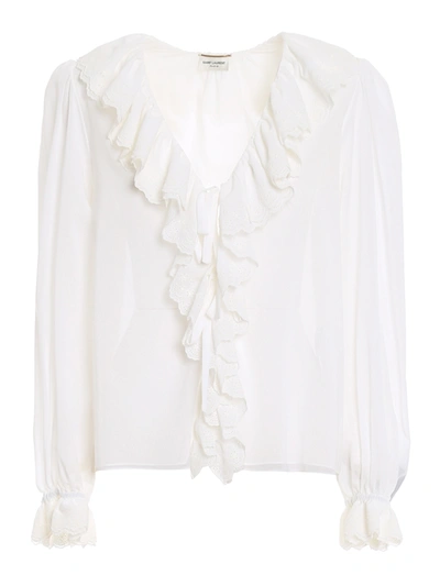Saint Laurent Lace Trim Shirt In White