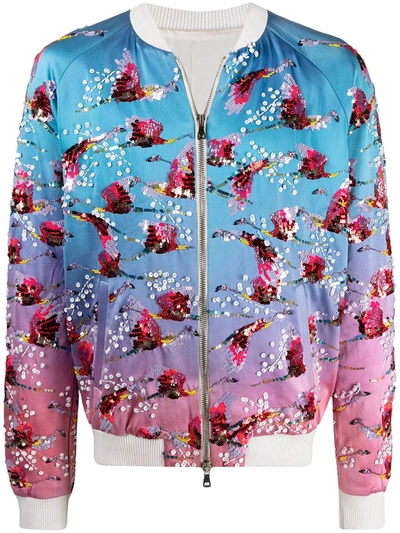 Balmain Embellished Floral-print Bomber Jacket In Blue