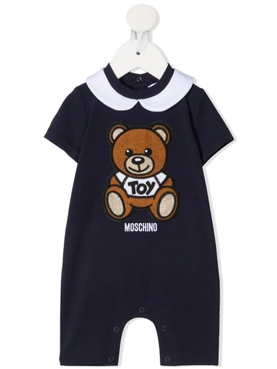 Moschino Babies' Teddy Bear Embroidery Short-sleeved Romper In Blue