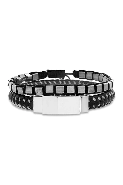 Steve Madden Black Braided Leather And Black Cord Wrapped Squares Slider Duo Bracelet Set