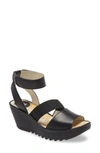 Fly London Yode Wedge Sandal In Black Mousse Leather