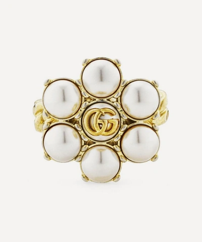 Gucci Gold-tone Faux Pearl Double G Cocktail Ring