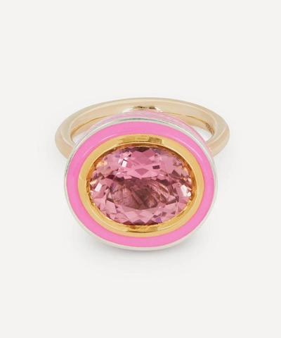 Alice Cicolini 14ct Gold Silver Tile Imperial Oval Pink Tourmaline And Pink Sapphire Pave Ring