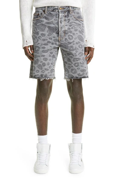 Saint Laurent Grey Leopard Print Denim Bermuda Shorts