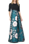 KAY UNGER FLORAL PRINT MIKADO A-LINE GOWN,5514207