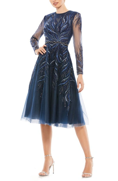 Mac Duggal Embellished Long Sleeve Fit & Flare Midi Cocktail Dress In Twilight