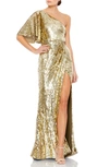 Mac Duggal One-shoulder Bell Sleeve Sequin Gown In Gold