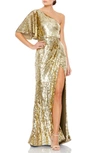 Mac Duggal Womens Sequined One Shoulder Evening Dress In Gold