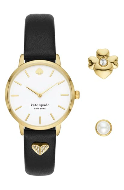 Kate Spade Metro Leather Strap Watch & Charms Set, 34mm In Black