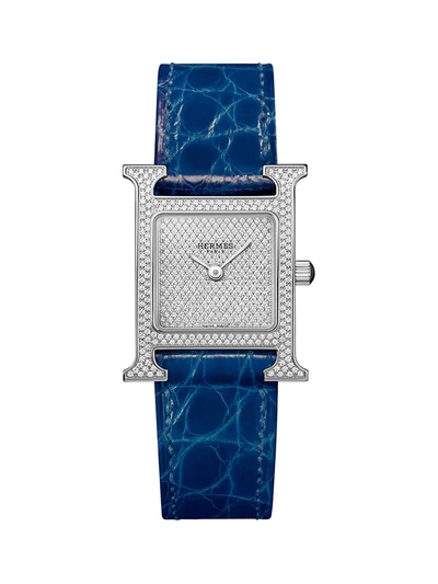 Pre-owned Hermes Women's Heure H Stainless Steel, 0.41 Tcw Diamond & Alligator Strap Watch/21mm