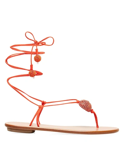 Aquazzura Jackie Ankle-wrap Embellished Leather Thong Sandals In Rich Coral