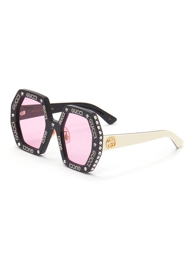 Gucci Embellished Angular Acetate Frame Sunglasses In Metallic