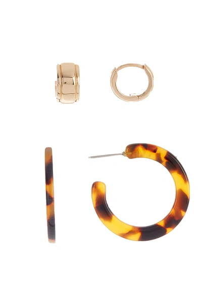 Halogen Resin & Huggie Hoop Earrings In Brown Tort- Gold