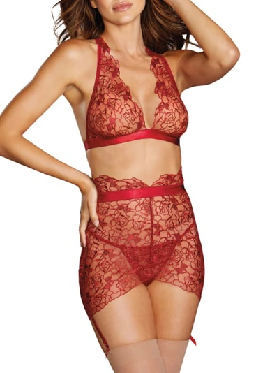 Dreamgirl Floral Embroidery Bra & Garter Skirt Set In Garnet