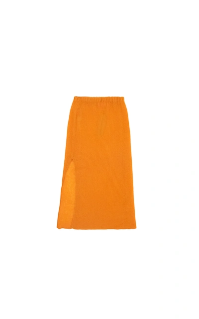 The Elder Statesman Basket Slit Cashmere Midi Skirt In Orange