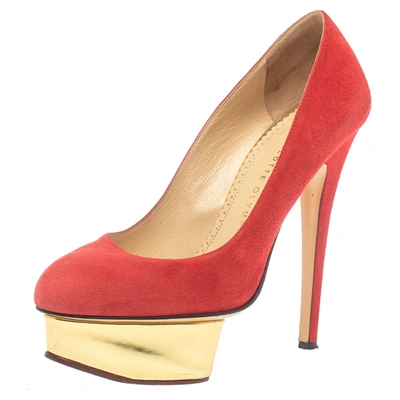 Pre-owned Charlotte Olympia Red Suede Leather Dolly Platform Pumps Size 37.5