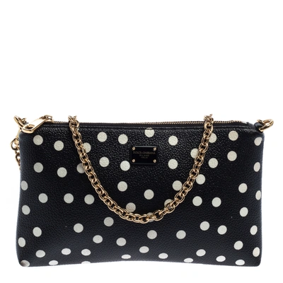 Pre-owned Dolce & Gabbana Black/white Polka Dot Leather Chain Clutch