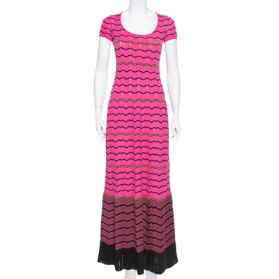Pre-owned M Missoni Pink Chevron Patterned Perforated Knit Maxi Dress M
