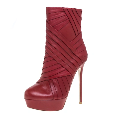 Pre-owned Valentino Garavani Red Leather Pleated Ankle Platform Boots Size 36