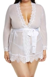 Oh La La Cheri Plus Size Provence Eyelash Lace Robe With Sash And G-string Panty In White