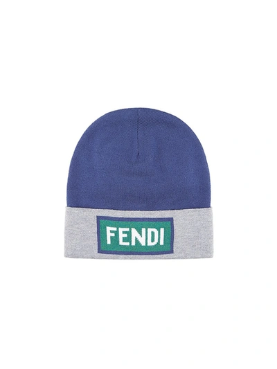 Fendi Kids' Branded Ribbed Beanie In Blue