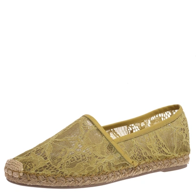Pre-owned Valentino Garavani Neon Green Lace And Leather Trim Espadrille Flats Size 39