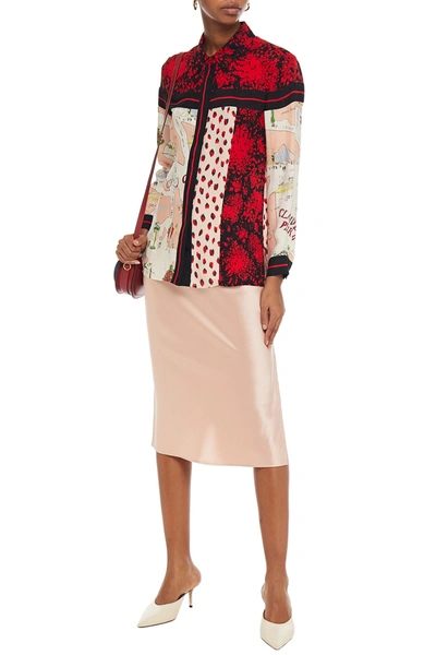 Claudie Pierlot Paneled Printed Crepe And Twill Shirt In Red