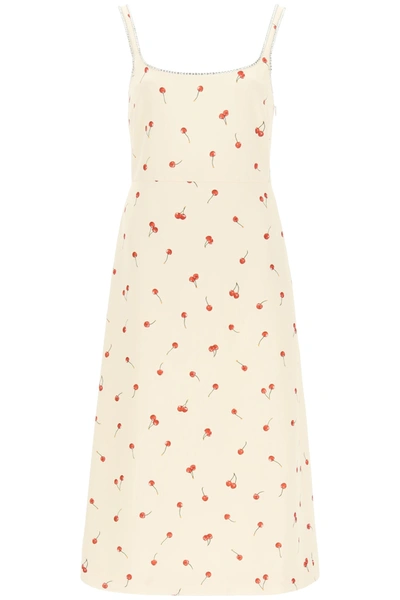 Miu Miu Cherry Print Satin Midi Dress In Avorio (beige)