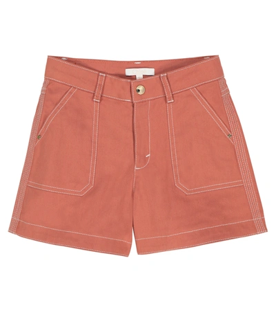 Chloé Teen Contrast Stitching Denim Shorts In Red