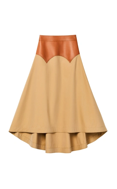 Loewe Obi Asymmetric Leather And Cotton-twill Midi Skirt In Beige,brown