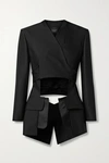 A.W.A.K.E. CUTOUT SATIN-TRIMMED WOOL-TWILL WRAP JACKET