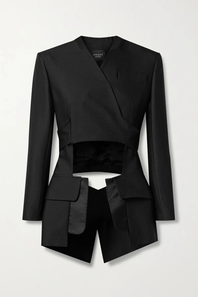 A.w.a.k.e. Cutout Satin-trimmed Wool-twill Wrap Jacket In Black