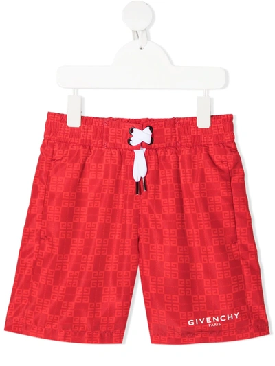 Givenchy Kids' Red Swim Shorts With Jacquard Logo